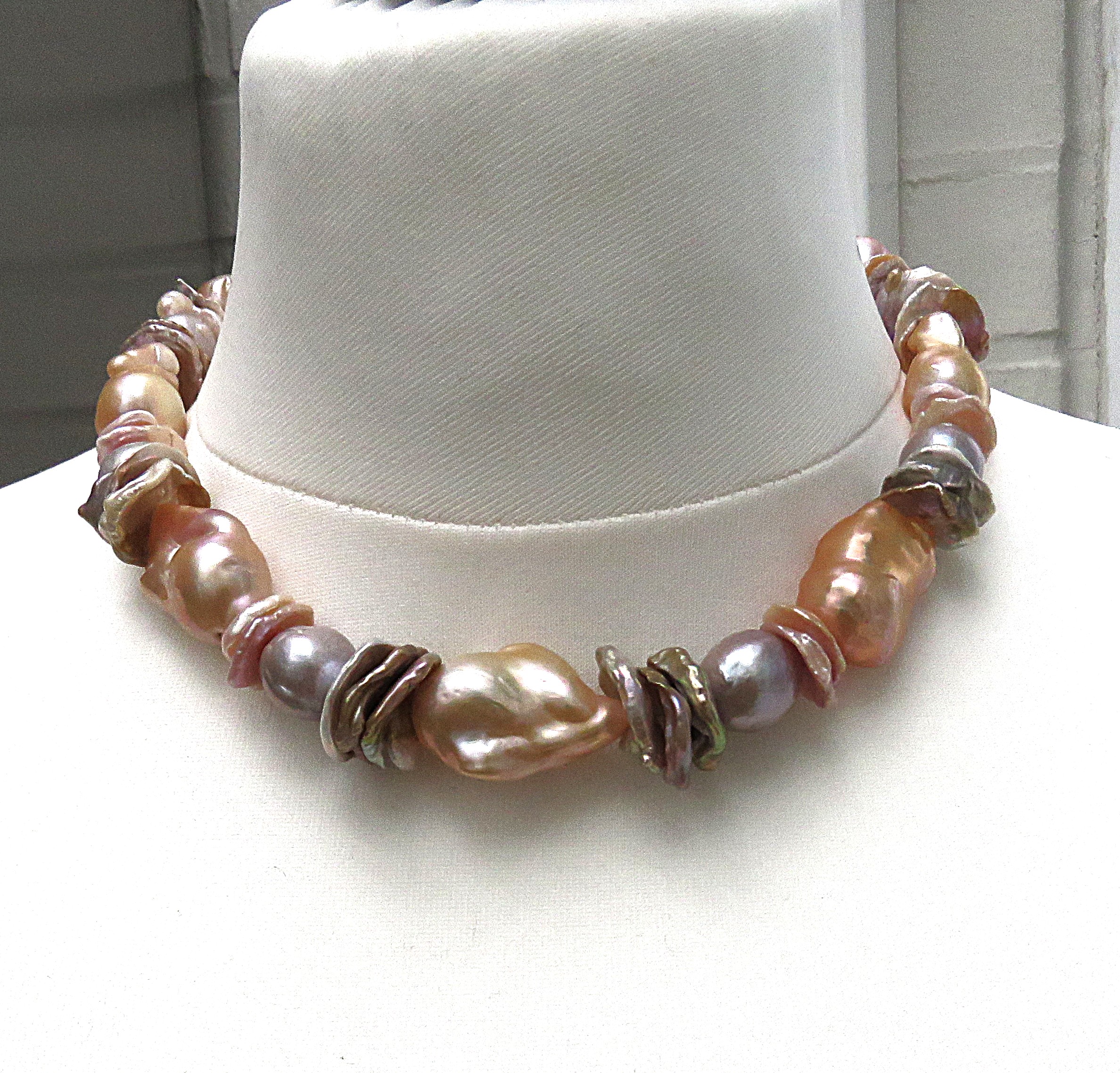 Perlenkette Ming Keshi und Tropfenperlen Unikat Collier handgefertigt 5706