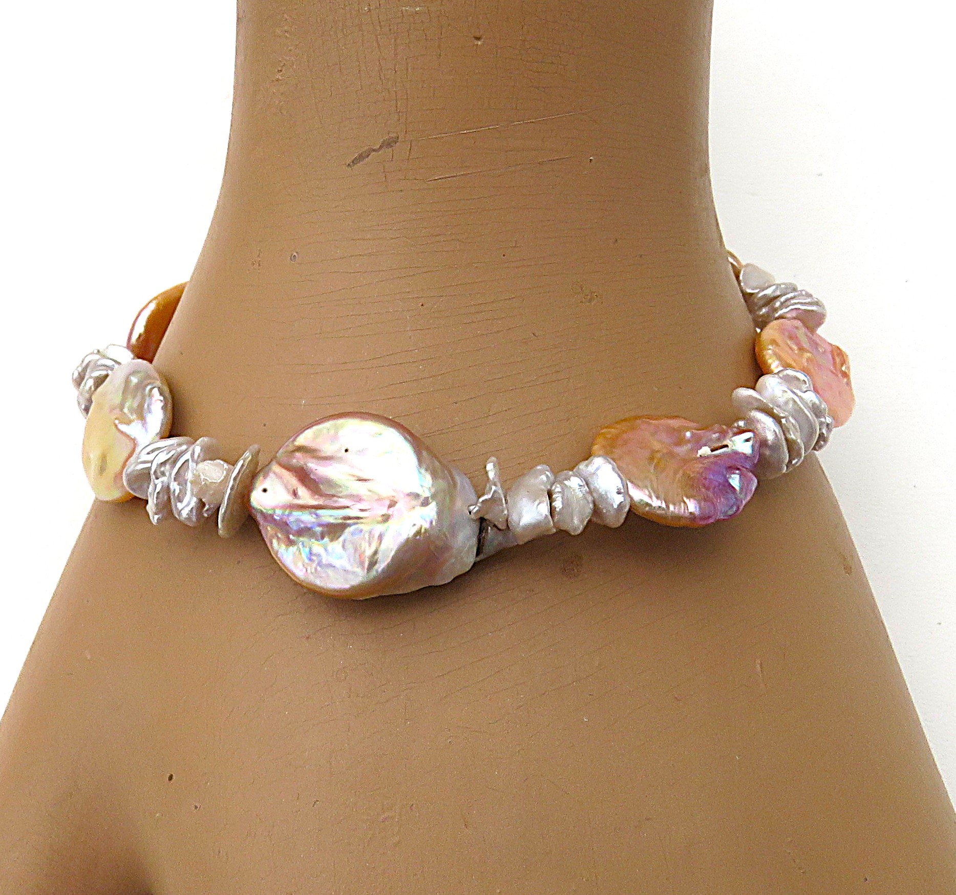 Keshi Coin Perlen Armband naturfarbene Süßwasserperlen Unikat 925 rhod. 5713