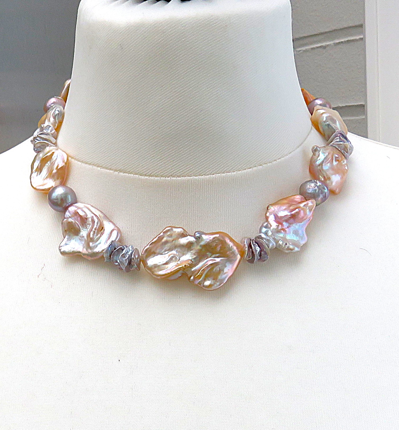 Perlenkette Keshi Perlen Ming Perlen Unikat Collier 925 rhod. handgefertigt 5717