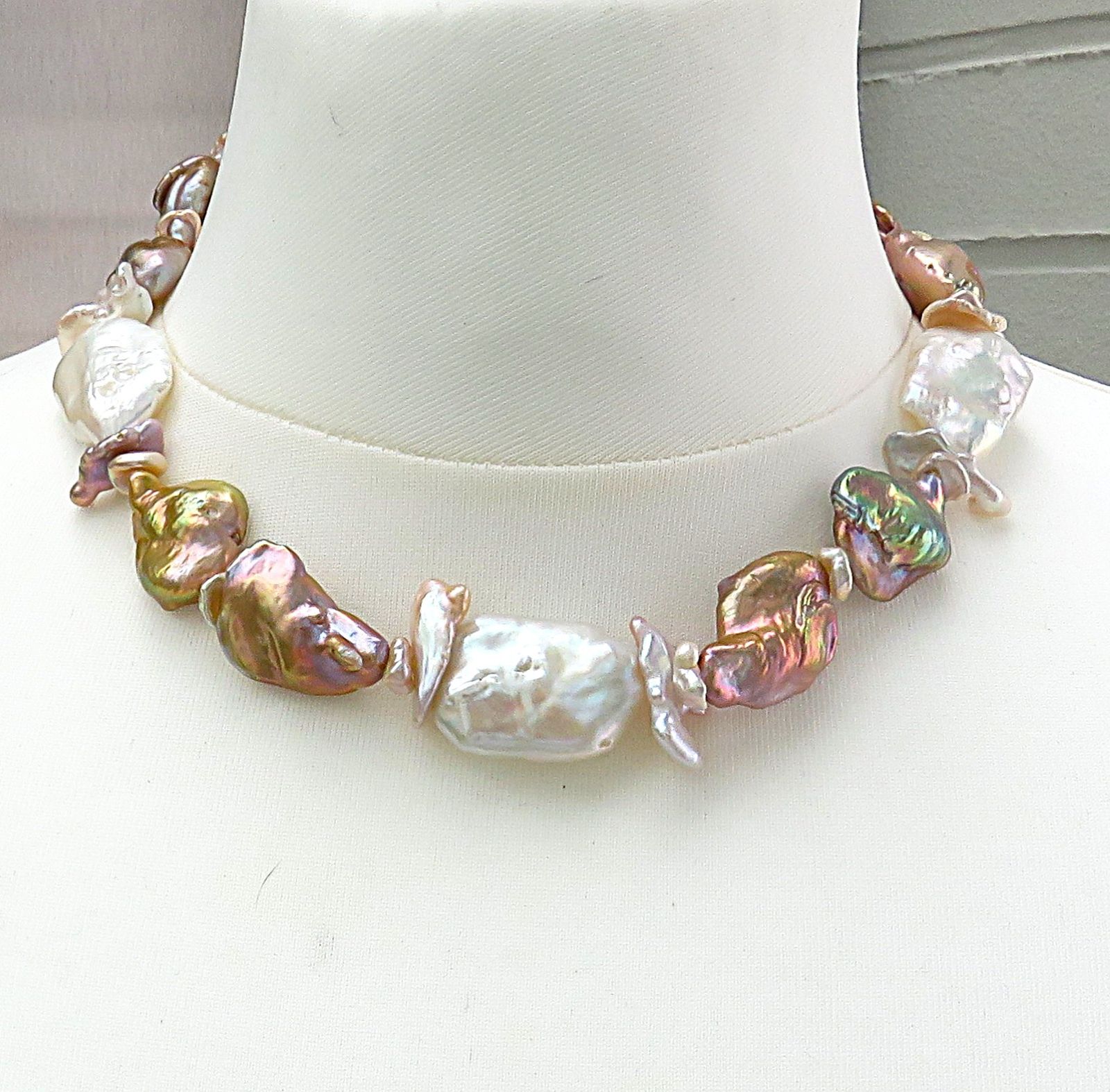 Perlenkette Keshi Perlen Coin Perlen Collier barock Naturfarben  5628