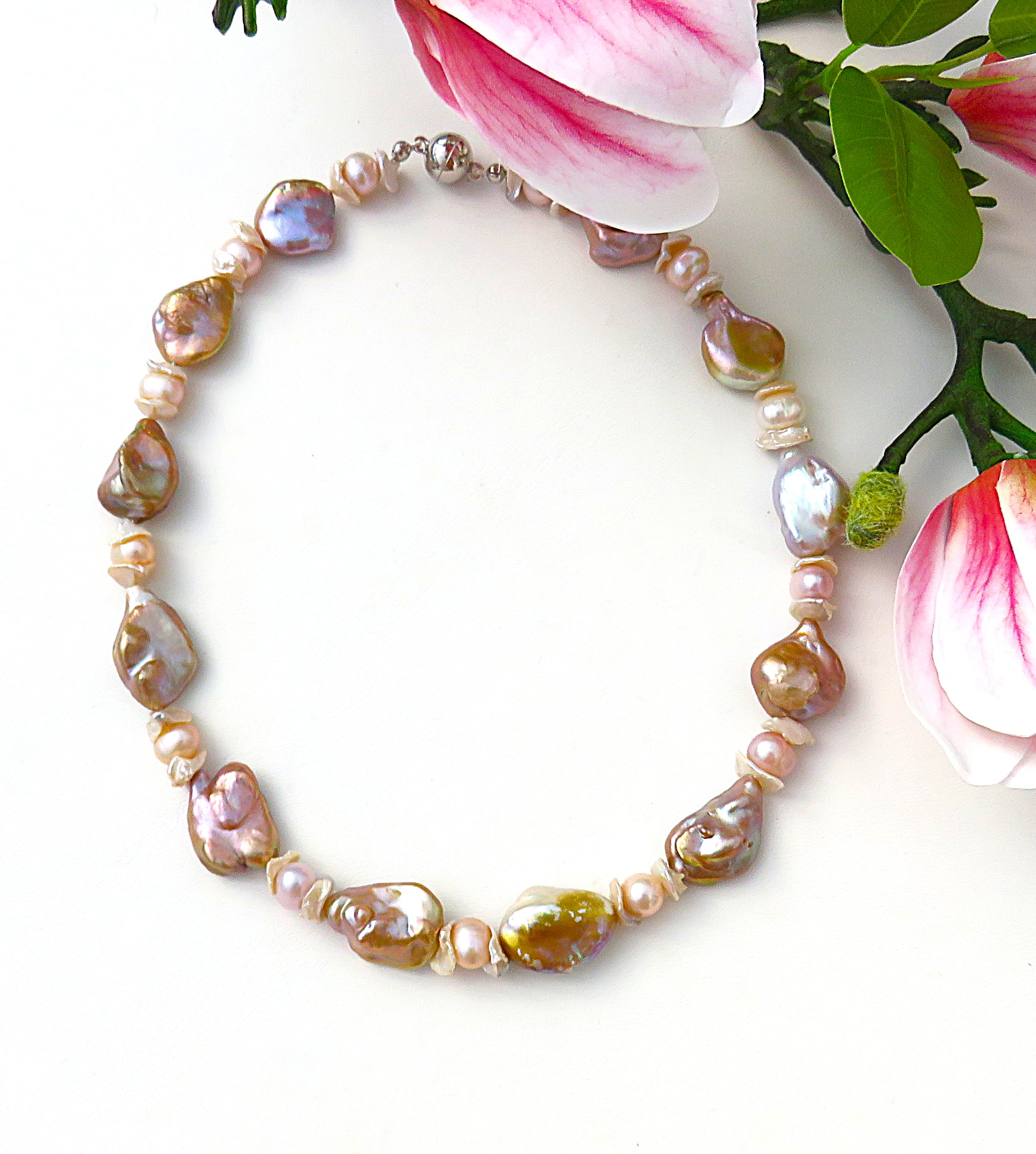 Ming Perlen Keshi Fantasy Perlen Collier naturfarben Unikat Perlen Kette 5728