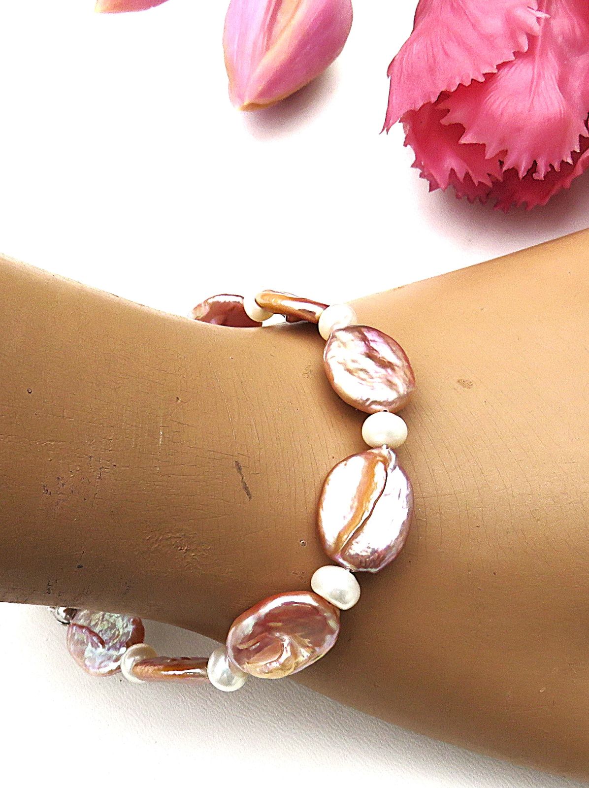 Coin und Bouton Perlen Armband naturfarbene Süßwasserperlen Unikat 925 rhod 5734