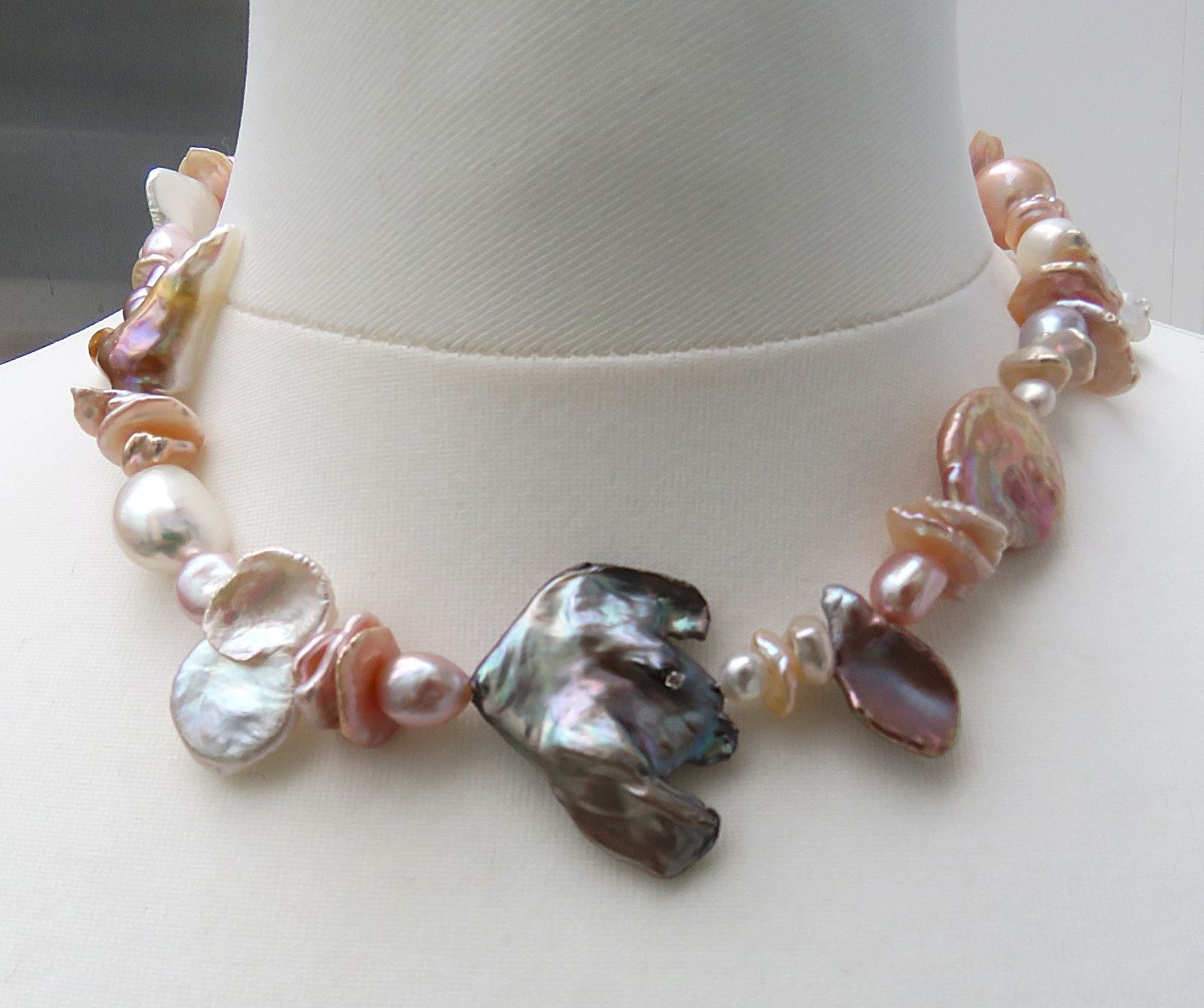 Süßwasserperlen Kette Unikat wilder Mix aus naturfarbenen Perlen 925 rhod. 5700
