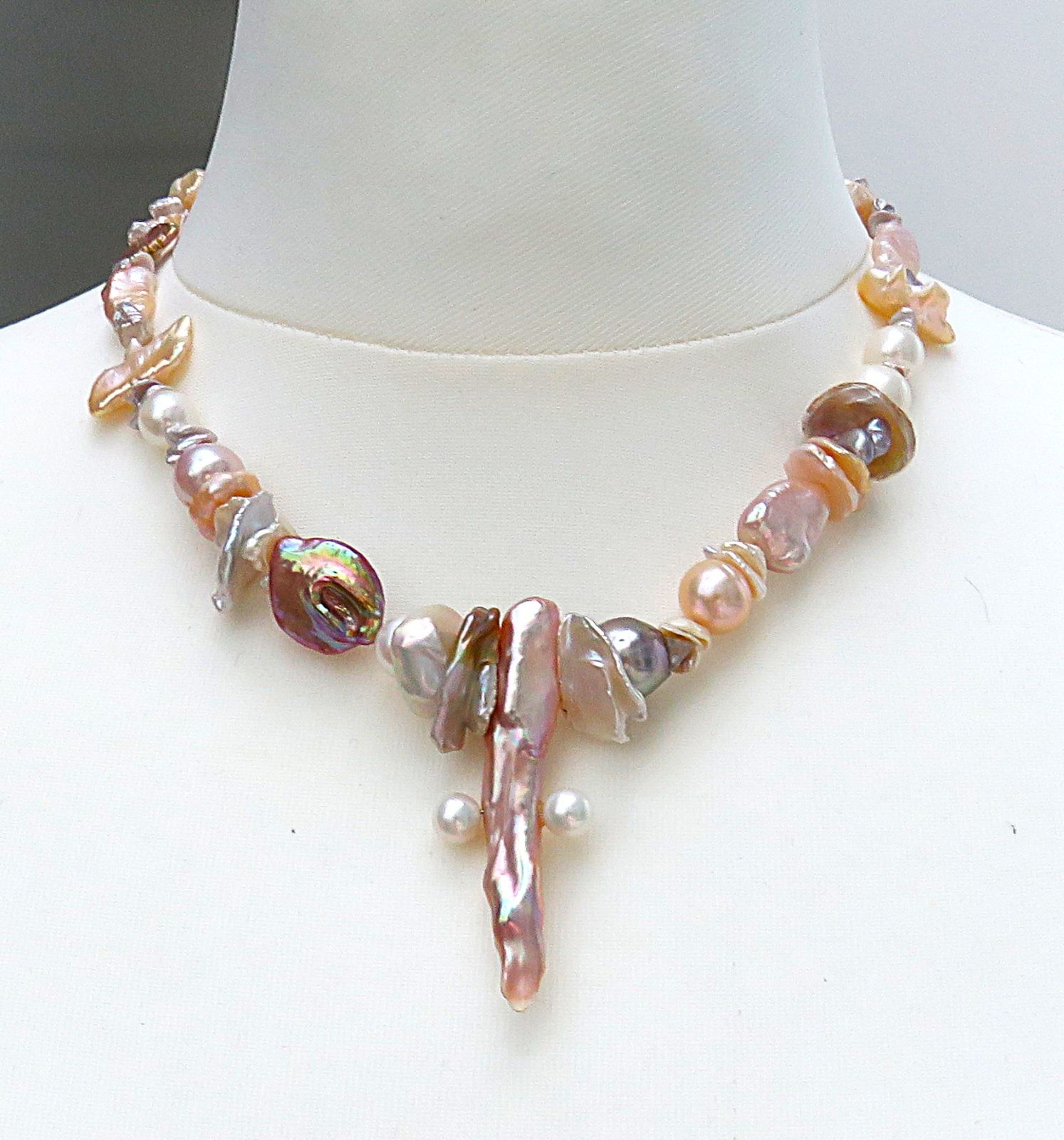 Süßwasserperlen Kette Biwa Perlen Keshi Perlen Unikat Perlen Collier 5763