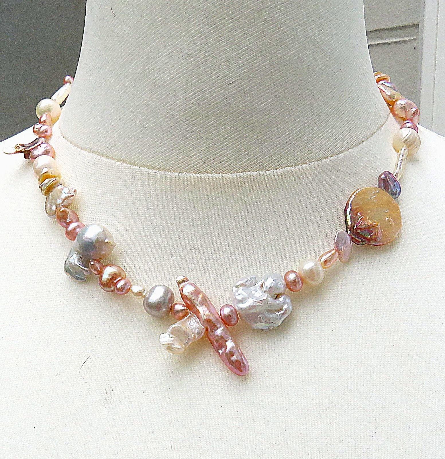 Süßwasserperlen Kette Unikat wilder Mix aus naturfarbenen Perlen 925 rhod. 5629