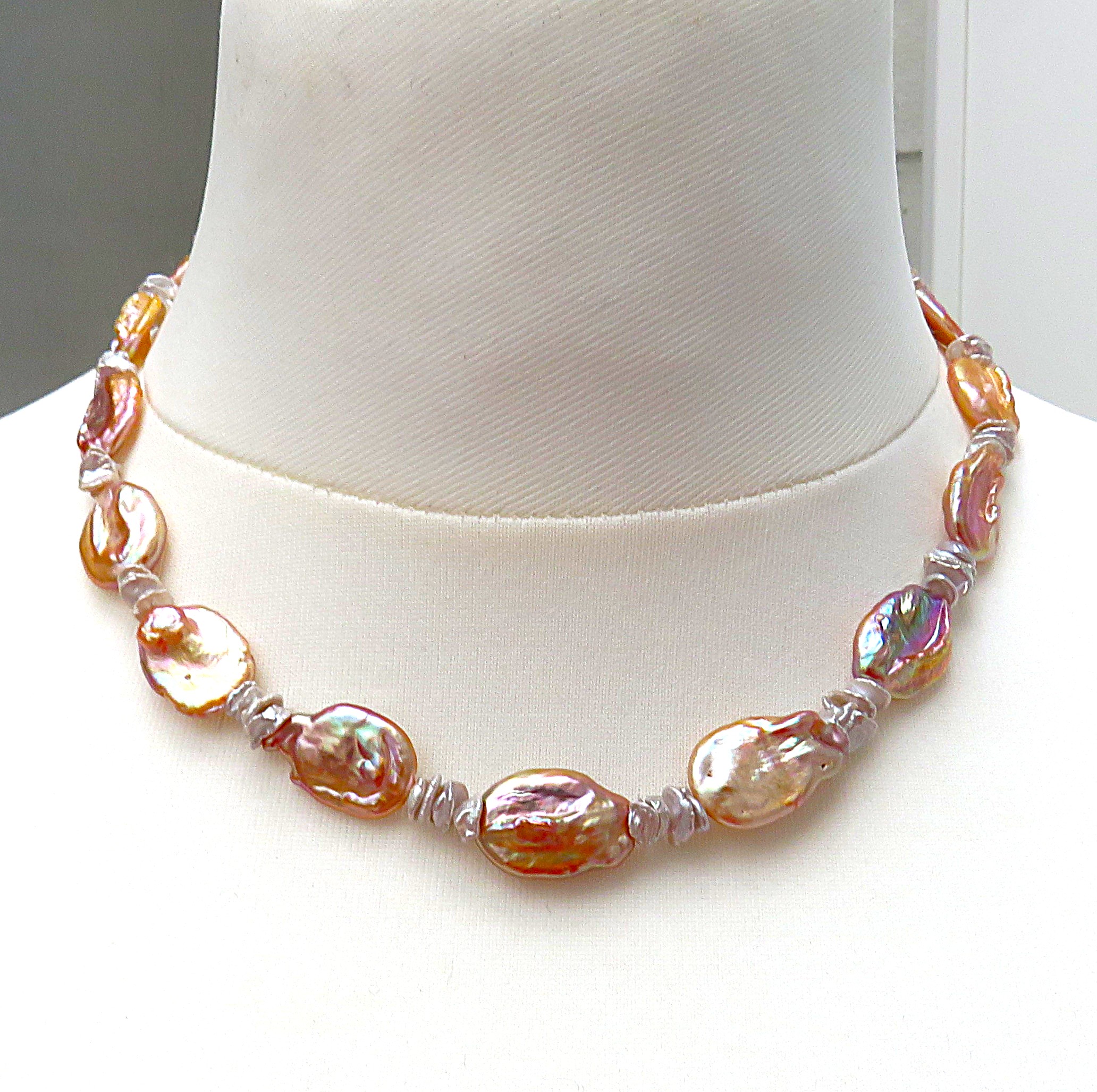 Keshi Coin Perlen Kette Süßwasser Perlen Unikat Kette naturfarben handmade 5712