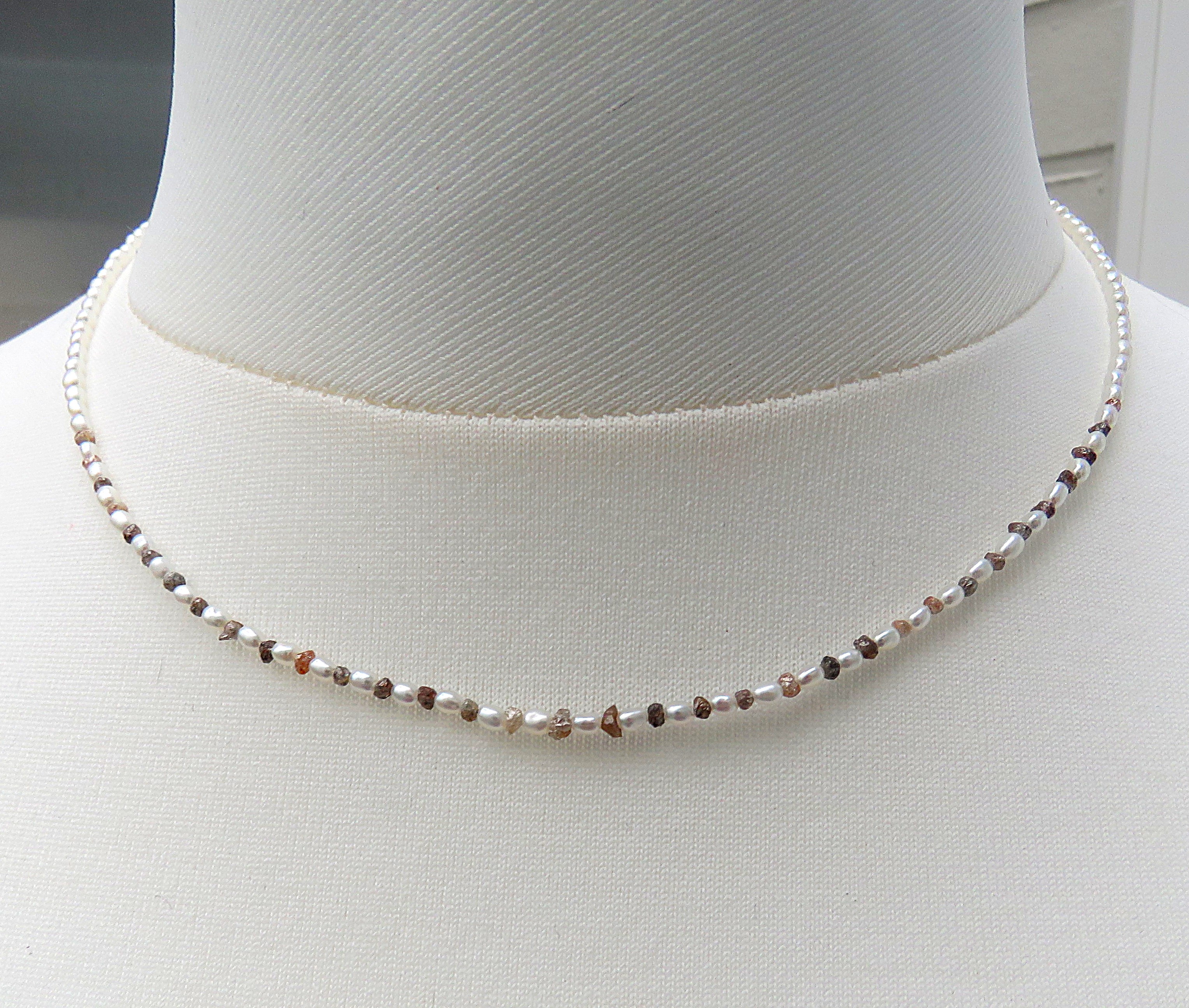 Reiskorn Perlen Unikat Kette AAA mit 2 ct Rohdiamanten Naturfarben 585 WG 5703