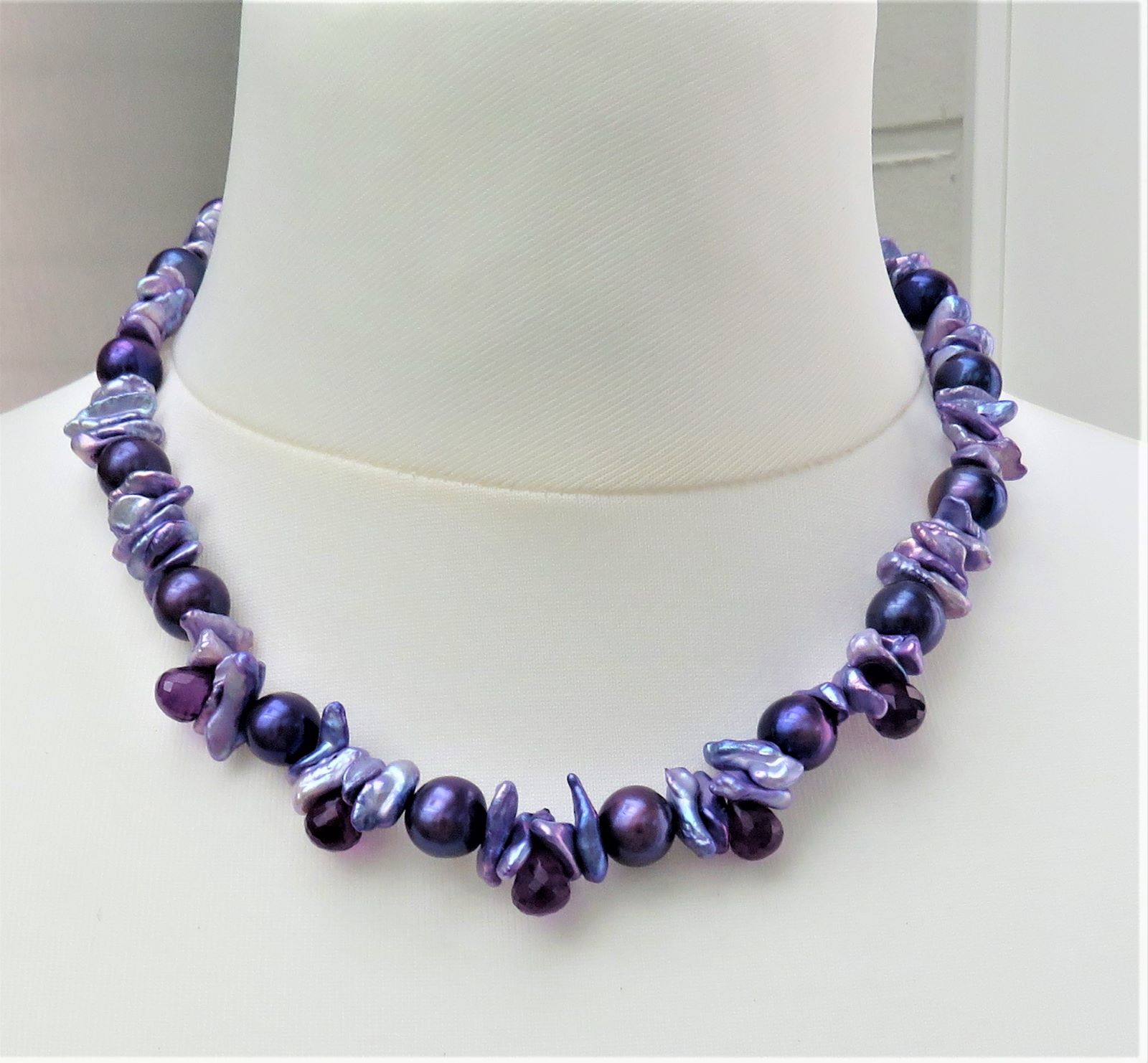 Keshi Perlen Kette Amethyst Collier Süßwasserperlen Edelstein Kette Unikat 4869   