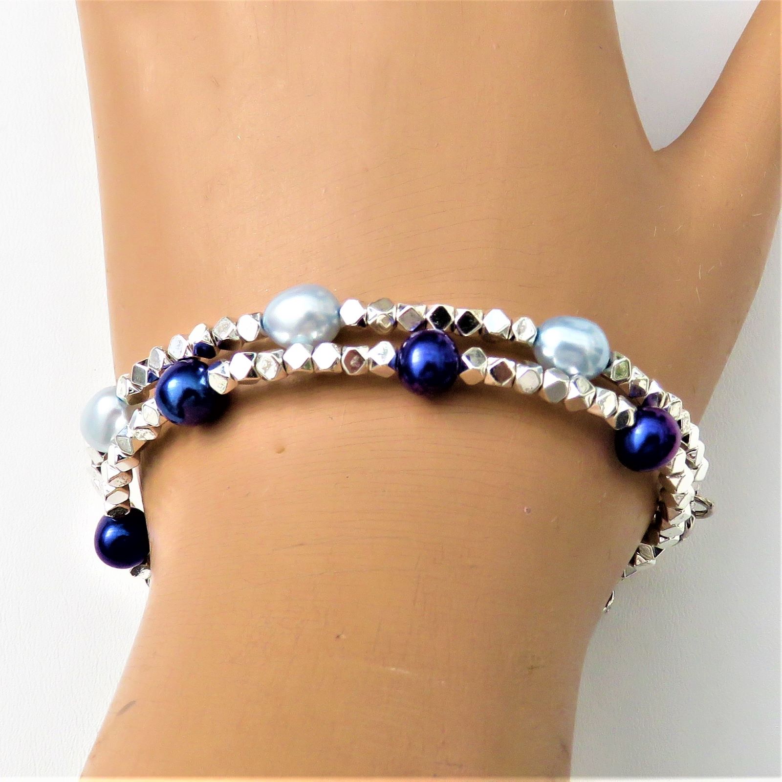 Hämatit Armband silberweiß mit Süßwasserperlen Hellblau oder Royal 5182 u. 5183