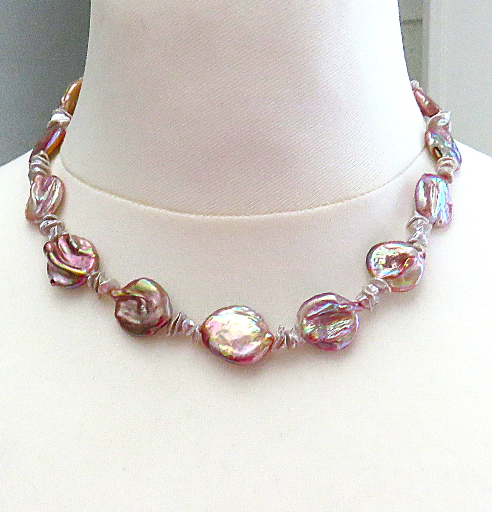 Keshi Coin Perlen Kette Süßwasser Perlen Unikat Kette naturfarben handmade 5714