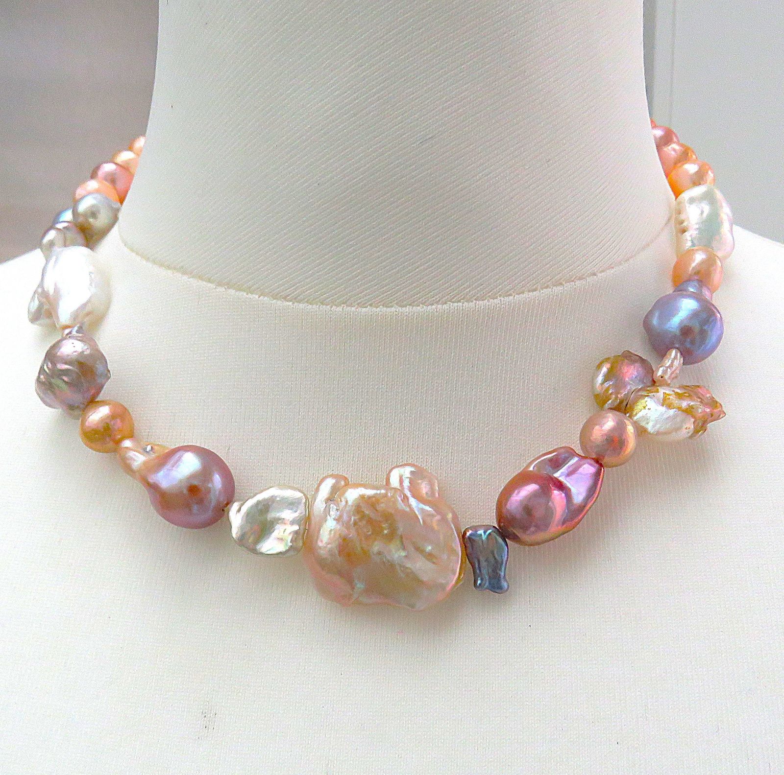 Ming Biwa Keshi Süßwasser Perlen Unikat Collier Barock Naturfarben 925 rh 5623