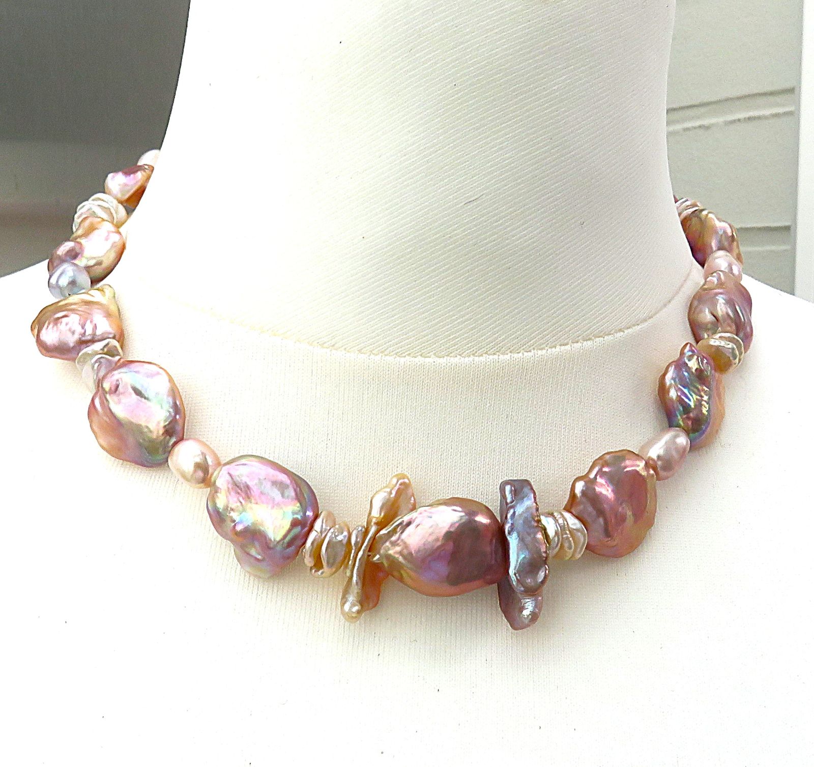 Große Keshi Süßwasser Perlen Unikat Collier Barock Naturfarben 925 rh 5649