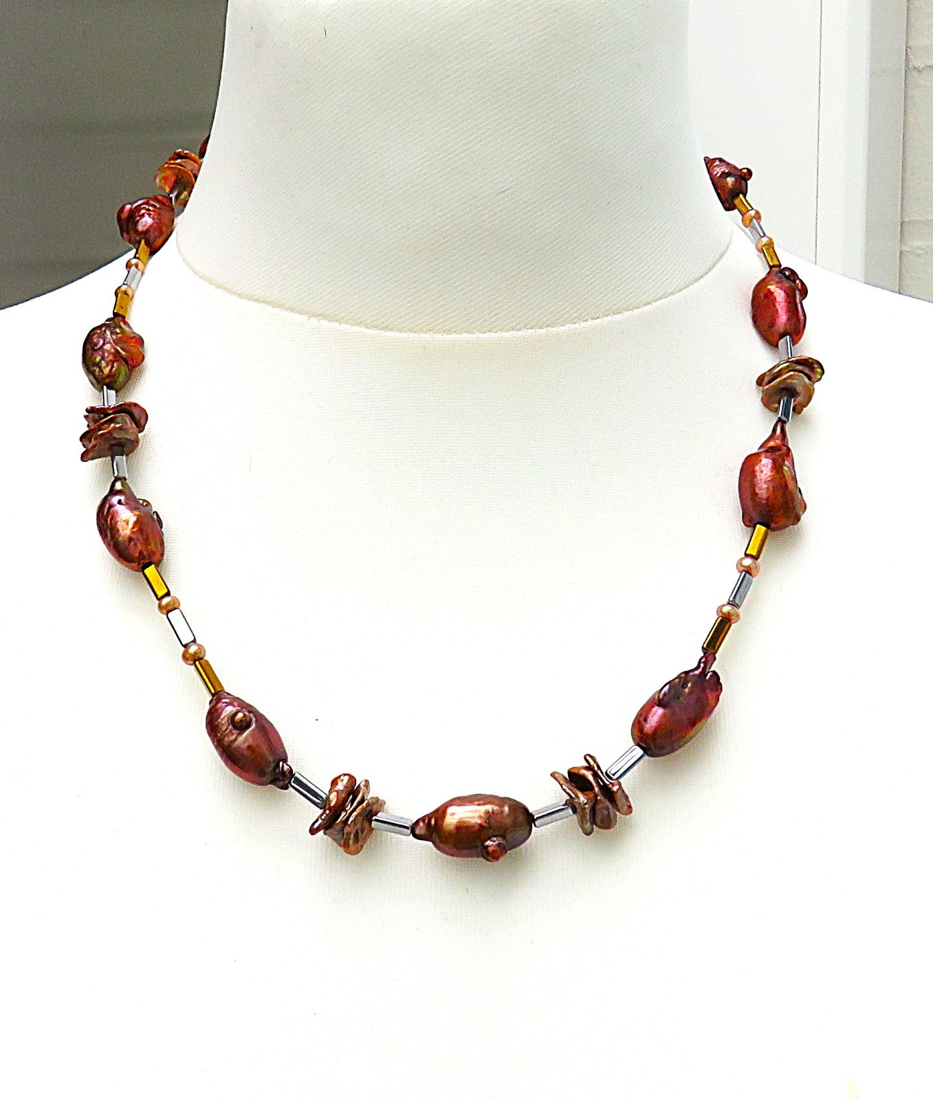 Süßwasserperlen Hämatit Barock Perlen Unikat Kette handgefertigt 925 verg. 5677