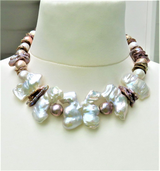 Ming Perlen Keshi Fantasy Perlen Collier naturfarben Unikat Perlen Kette 5064