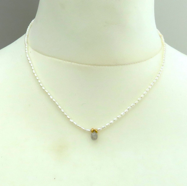 Perlenkette Diamant Pampel 1,3 ct grau Reiskornperlen 585 GG Unikat Kette 5329
