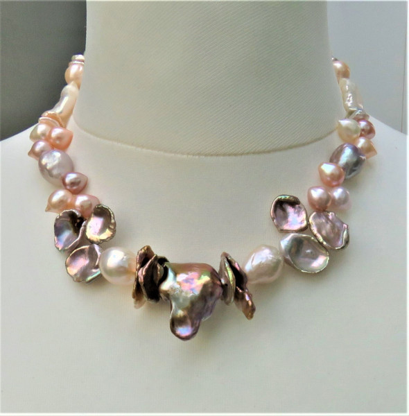 Ming Perlen Biwa Perlen Unikat Collier Naturfarben handgefertigt 925 rhod. 5230