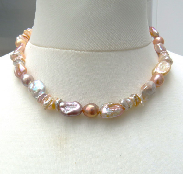 Biwa Perlen Keshi Perlen Unikat Collier Naturfarben Qualität AAAA 925 rhod. 5366