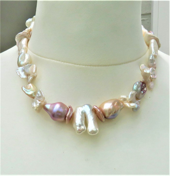 Ming Perlen Biwa Perlen Unikat Collier Naturfarben handgefertigt 925 rhod. 5226 