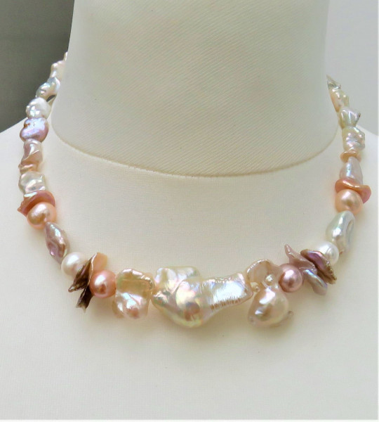 Keshi Perlen Biwa Perlen Kette Süßwasser Perlen Collier Unikat Perlen Kette 5097