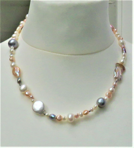 Süßwasser Perlen Collier naturfarben Ming Keshi Coins und Flats Perlenkette 4275