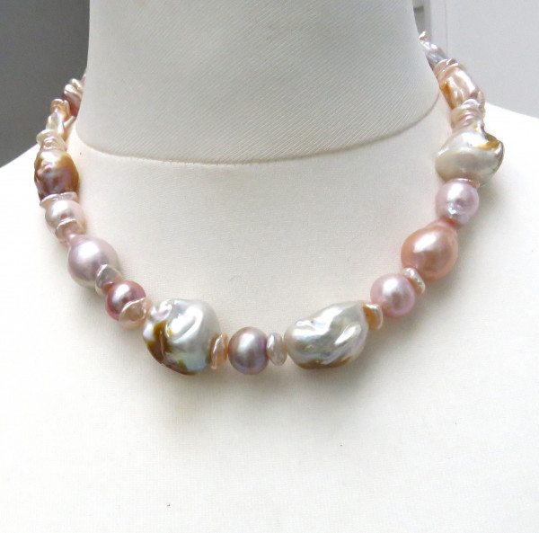 Ming Perlen Biwa Perlen Keshi Perlen Unikat Collier Naturfarben 925 rhod. 5365