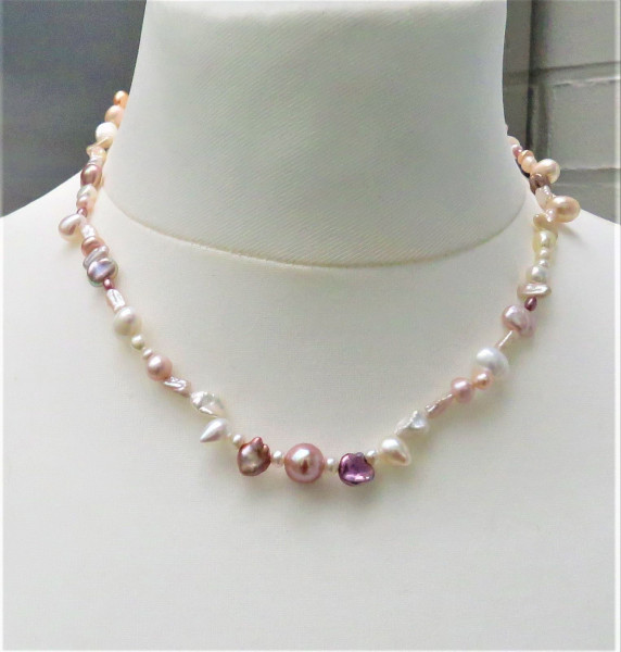 Perlenkette Süßwasserperlen naturfarben Unikat Kette Perlenkette Collier 5074