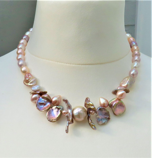 Perlenkette Süßwasserperlen naturfarben Unikat Kette Perlenkette Collier 5078 